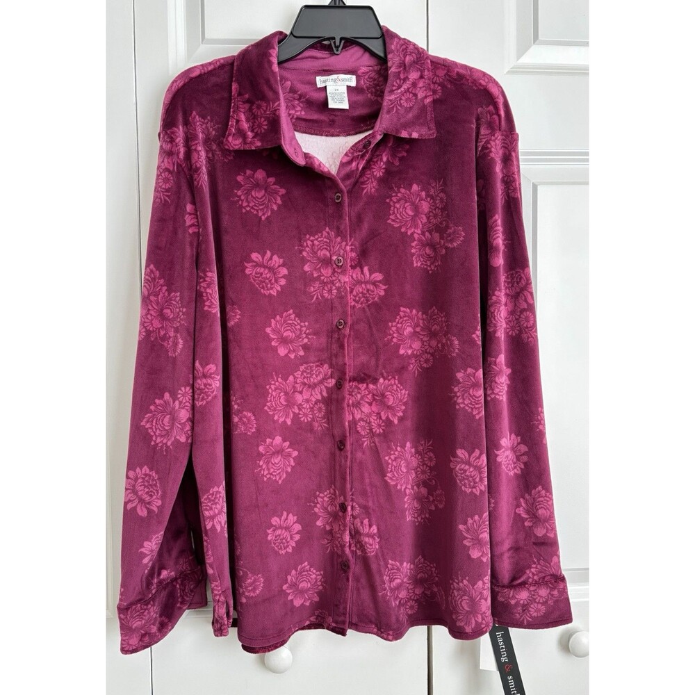 HASTING & SMITH WOMENS TOP  2X VELVET PINK FLORAL BUTTON UP LONG SLEEVE COLLARED